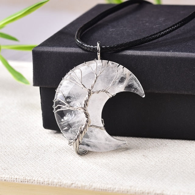 Natural Moon Crystal Tree of Life Pendant Necklace