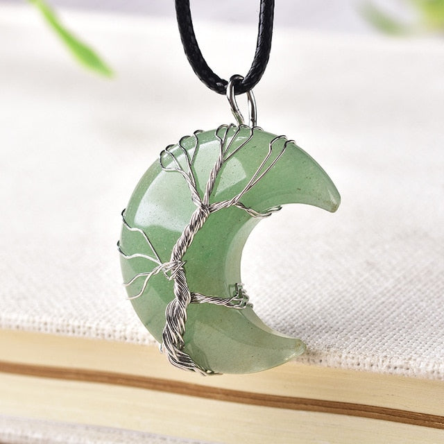 Natural Moon Crystal Tree of Life Pendant Necklace