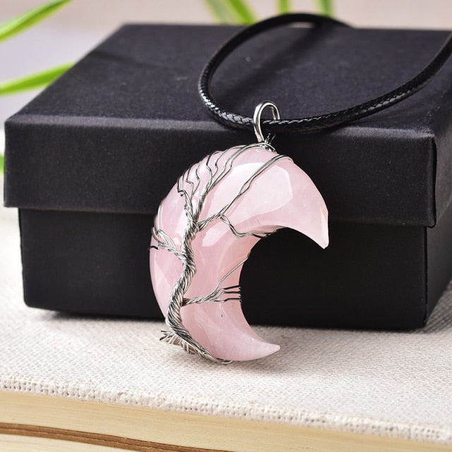 Natural Moon Crystal Tree of Life Pendant Necklace