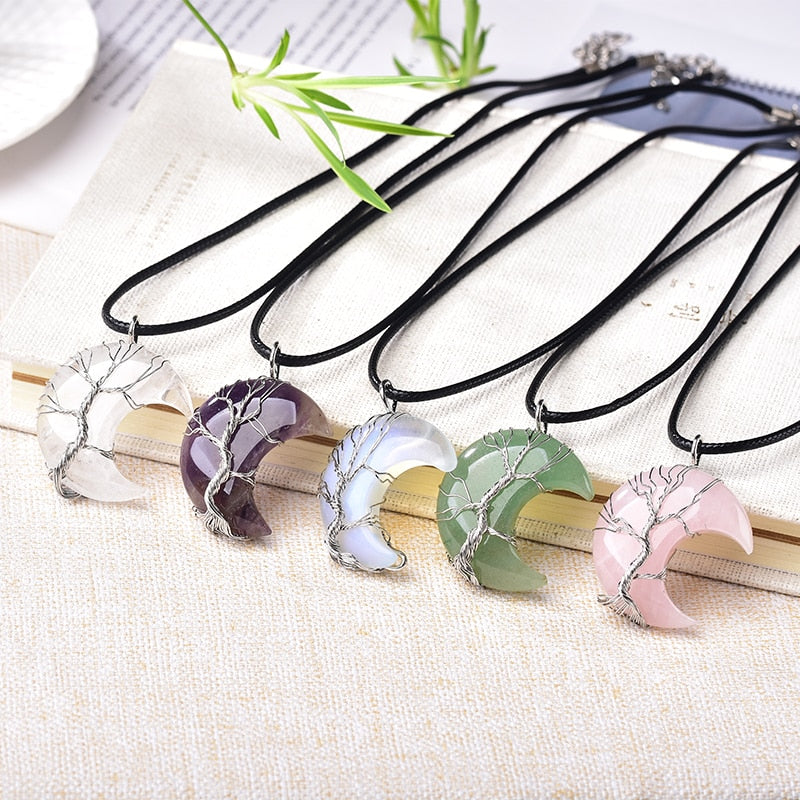 Natural Moon Crystal Tree of Life Pendant Necklace